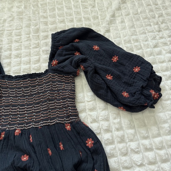 Free People Small Dahlia Black Floral Smocked Midi Maxi Dress ~ Boho Peasant - Picture 6 of 11